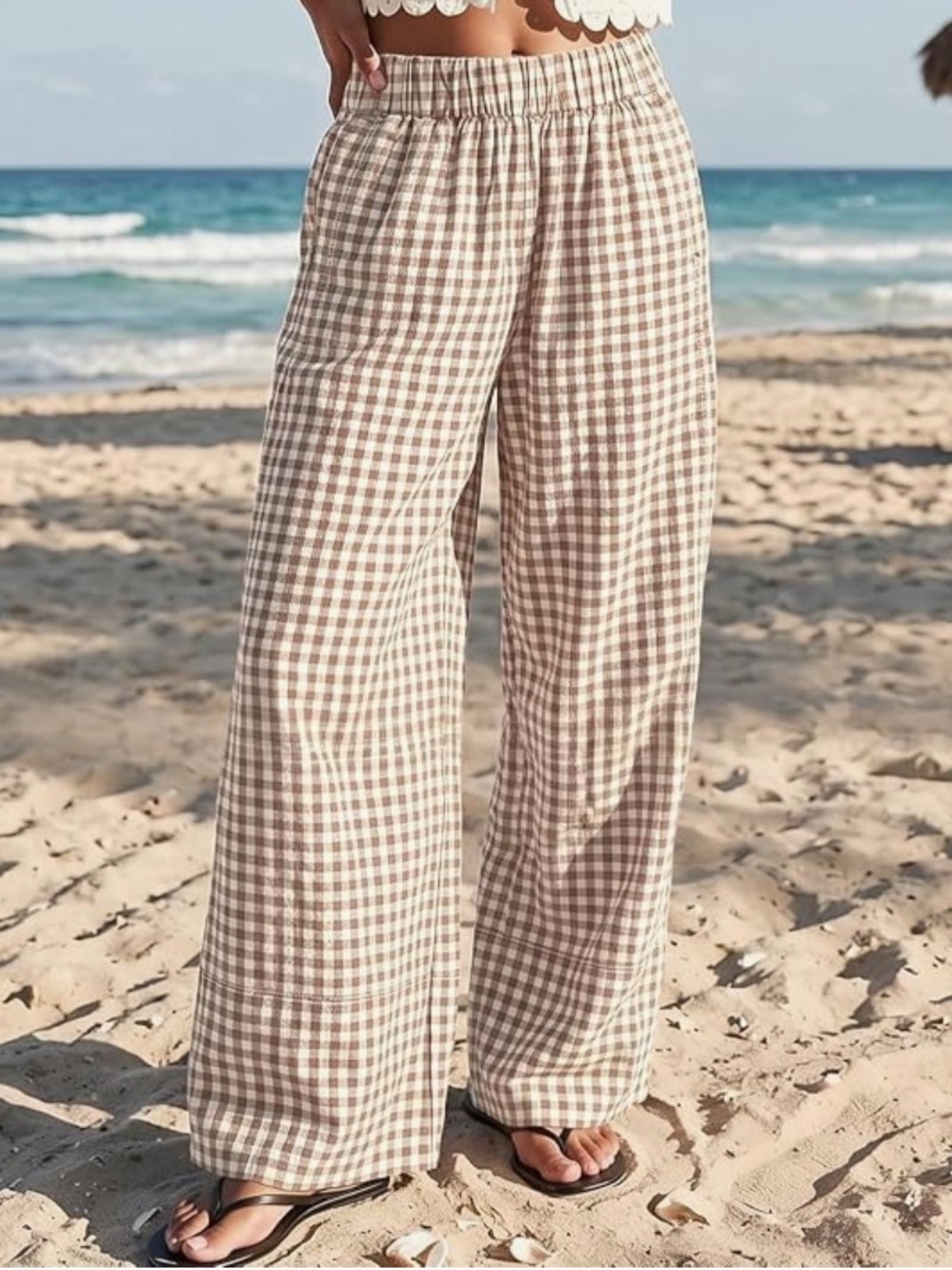 NWT Beige Gingham Wide-Leg Lounge Pants🌻